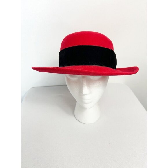 Vibes Women's Velvet Ribbon Trim Wool Hat in Red / Black - Sz S - Picture 4 of 10